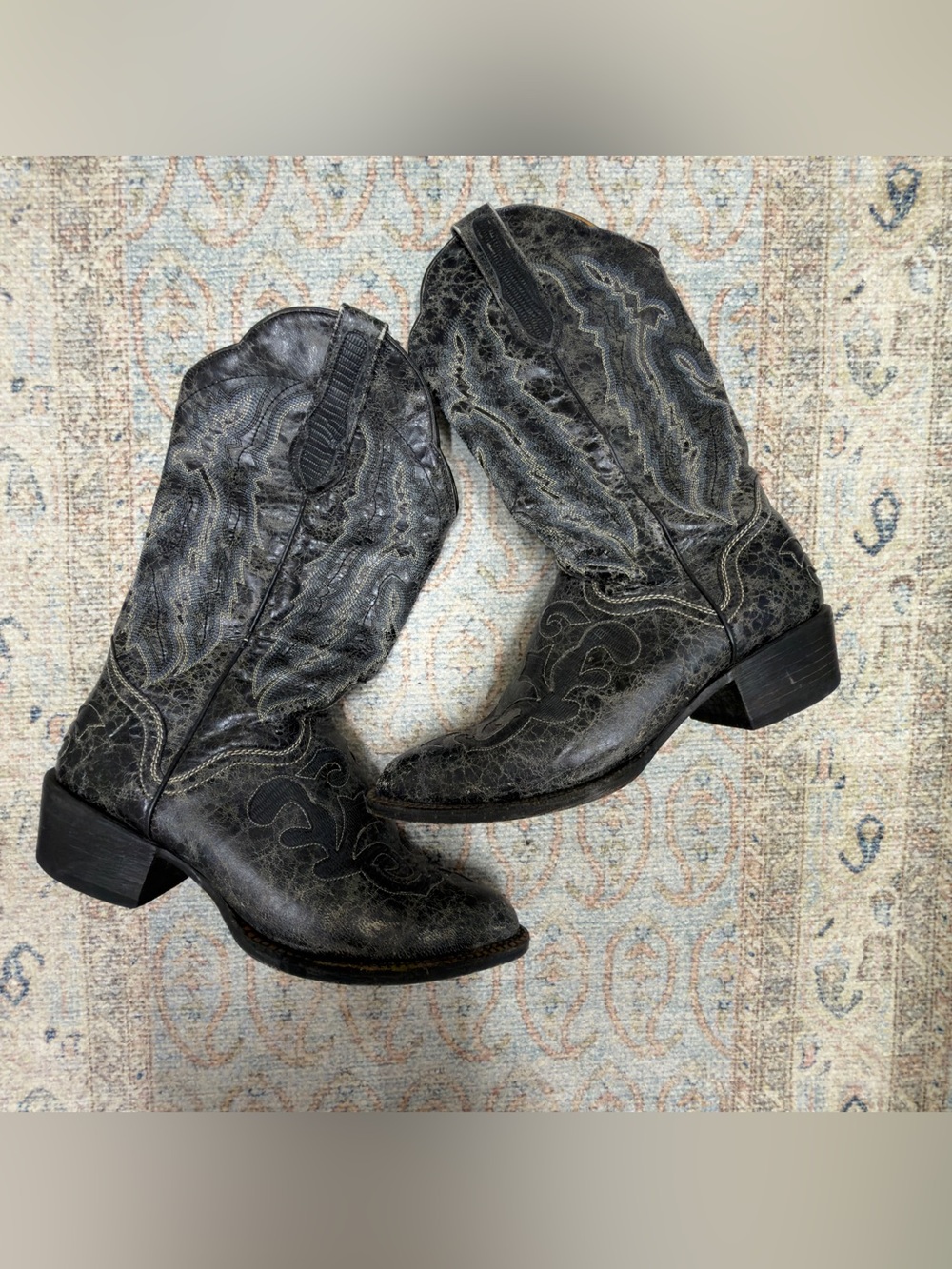 Vintage J.B. Dillon Black Distressed Leather Cowboy Boots size 8.5